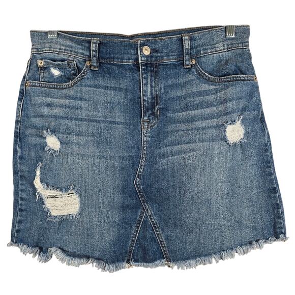 M Just USA Denim Distressed Blue Jean Skirt Womens Size L Frayed Stretch Mini - Picture 1 of 9